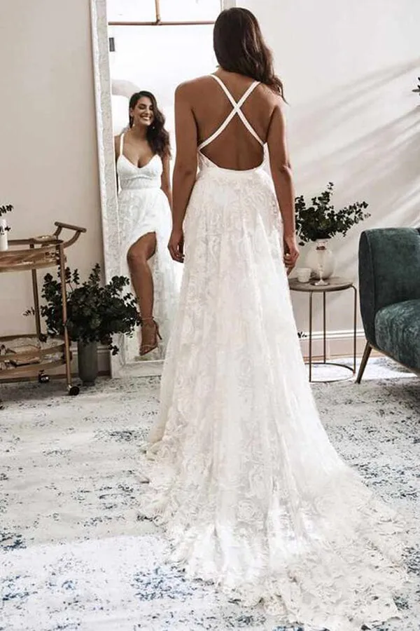 Ivory Lace A-line V-neck Cross Back Wedding Dresses with High Slit, MW550