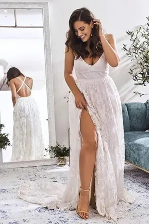 Ivory Lace A-line V-neck Cross Back Wedding Dresses with High Slit, MW550
