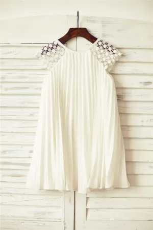 Ivory Pleated Chiffon Lace Cap Sleeves Flower Girl Dress