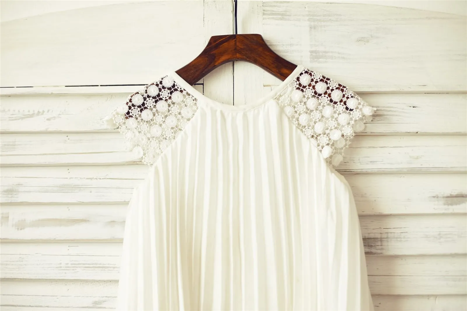 Ivory Pleated Chiffon Lace Cap Sleeves Flower Girl Dress
