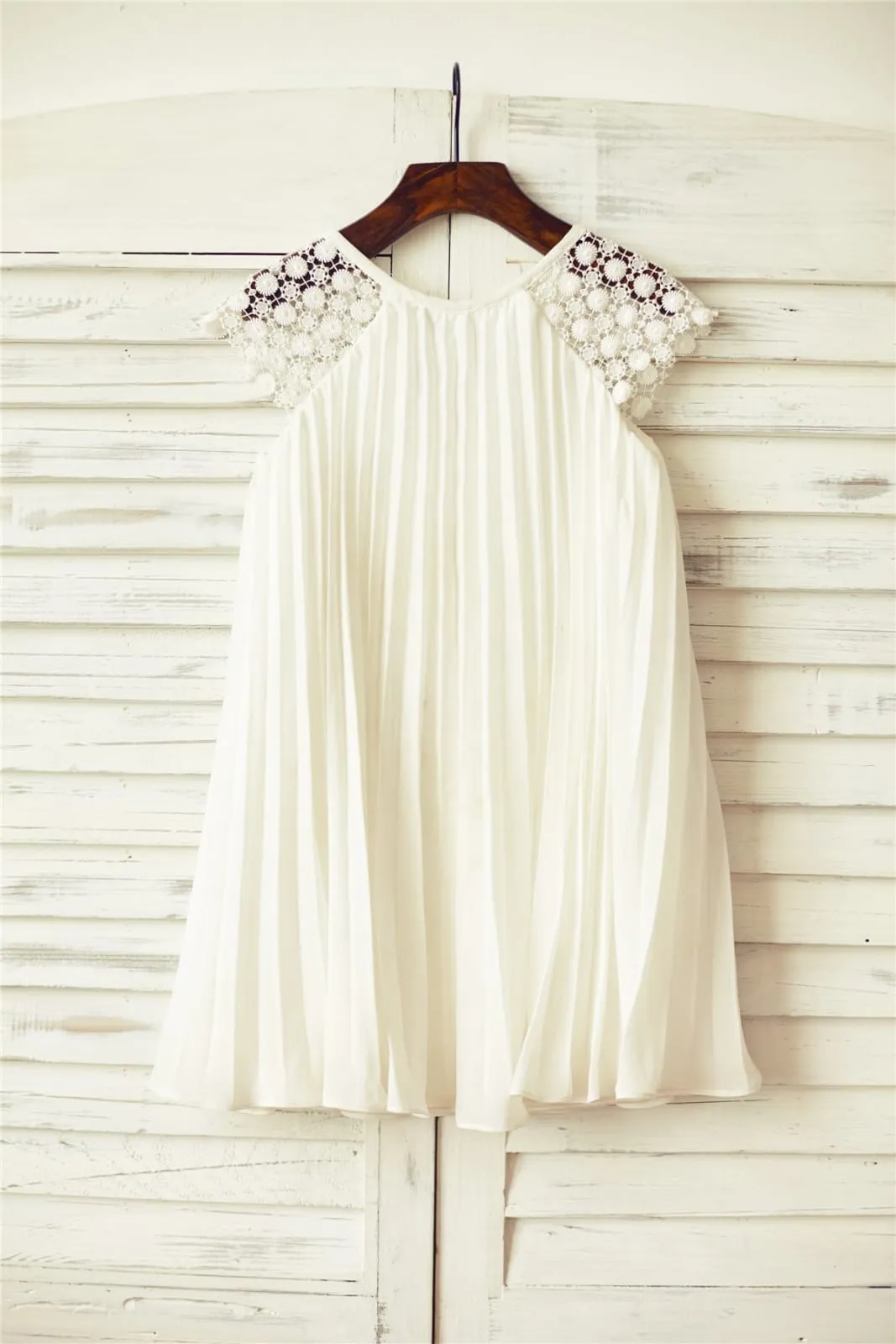 Ivory Pleated Chiffon Lace Cap Sleeves Flower Girl Dress