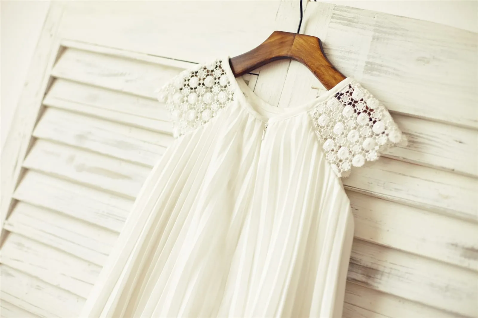 Ivory Pleated Chiffon Lace Cap Sleeves Flower Girl Dress