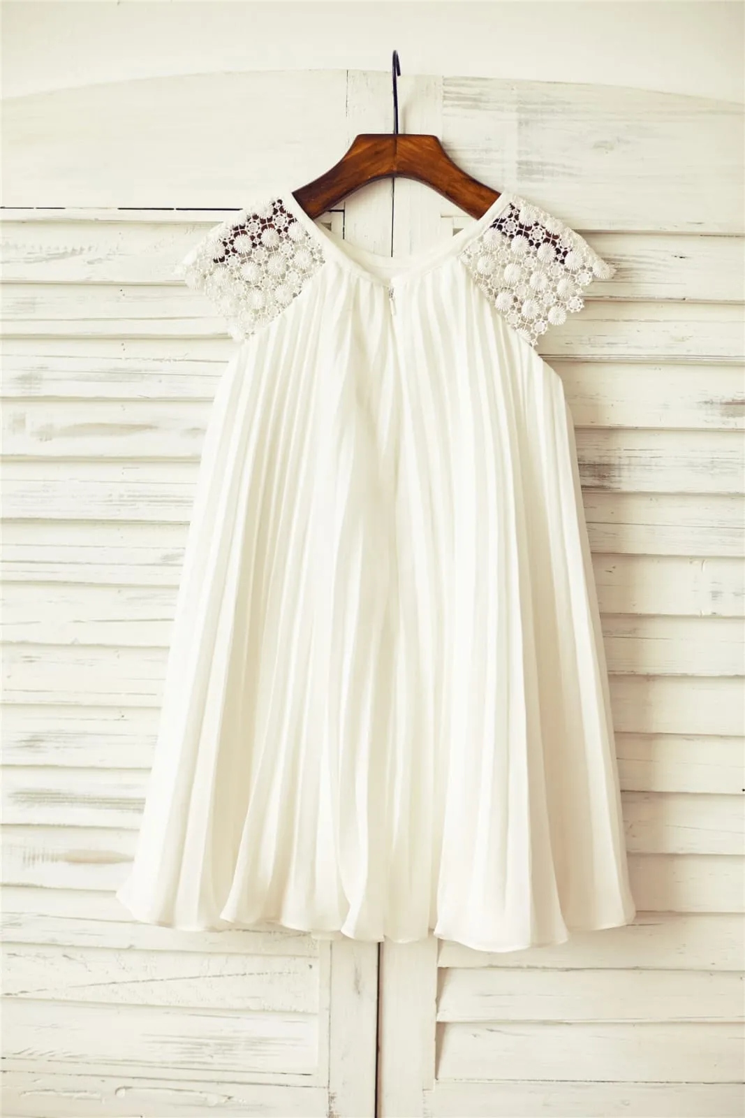 Ivory Pleated Chiffon Lace Cap Sleeves Flower Girl Dress