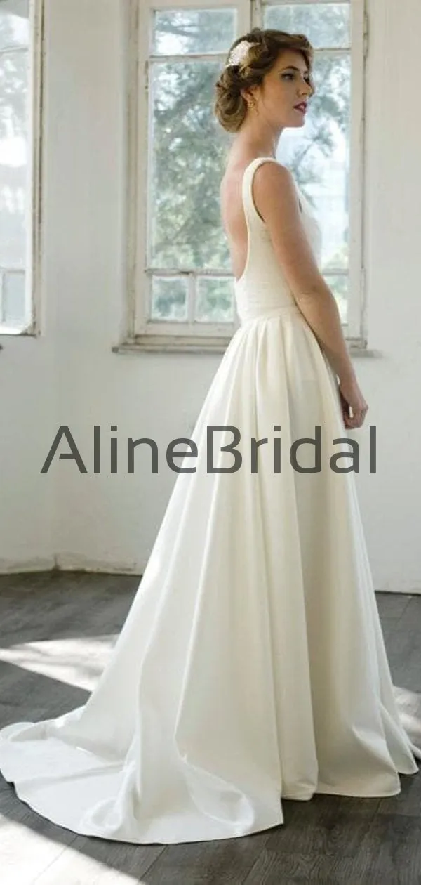 Ivory Satin V-neck Scoop Back A-line Simple Wedding Dresses, AB1557
