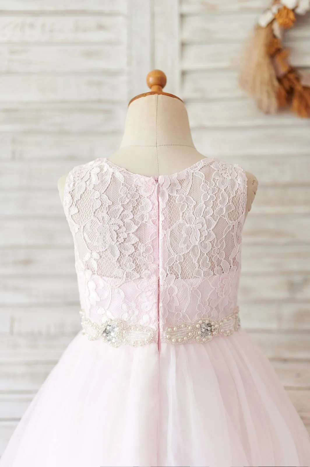 Ivory/Pink Lace Tulle Wedding Flower Girl Dress, Beaded Belt