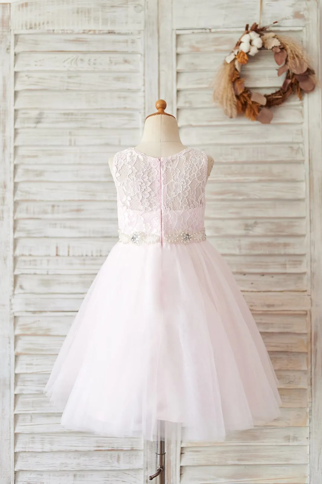 Ivory/Pink Lace Tulle Wedding Flower Girl Dress, Beaded Belt