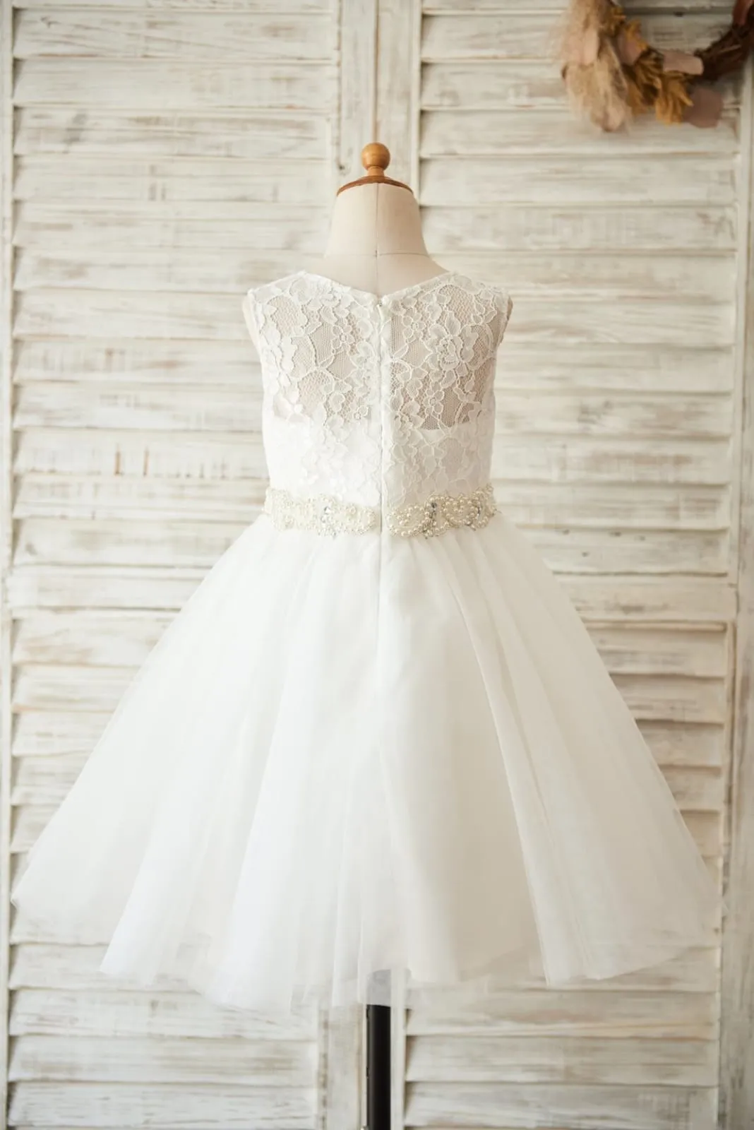Ivory/Pink Lace Tulle Wedding Flower Girl Dress, Beaded Belt