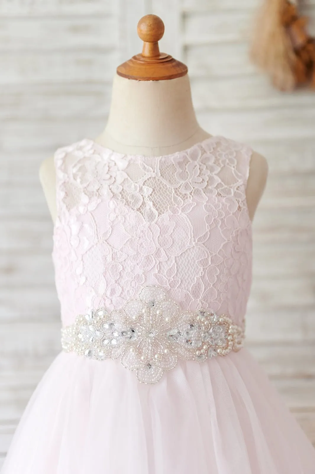 Ivory/Pink Lace Tulle Wedding Flower Girl Dress, Beaded Belt