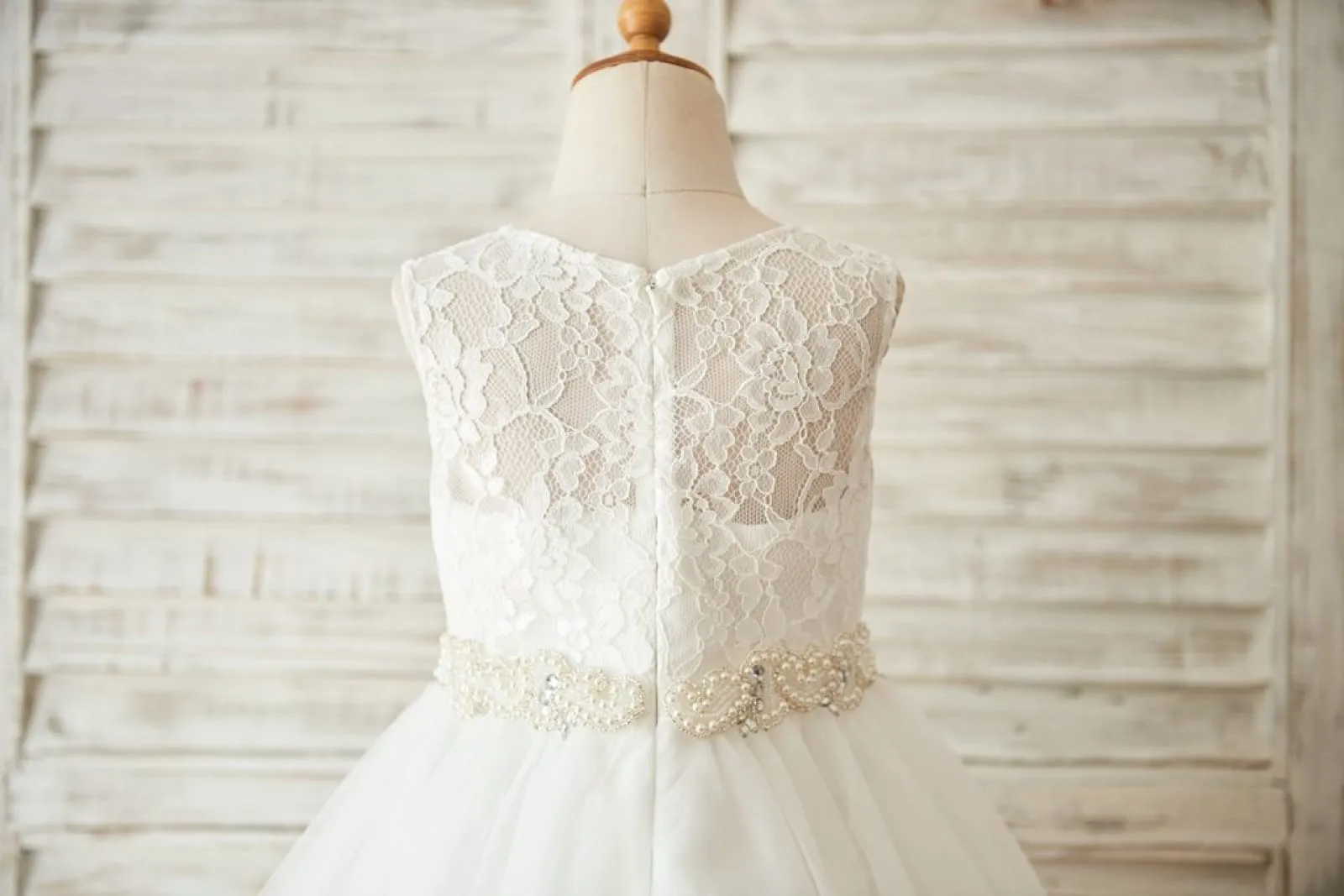 Ivory/Pink Lace Tulle Wedding Flower Girl Dress, Beaded Belt