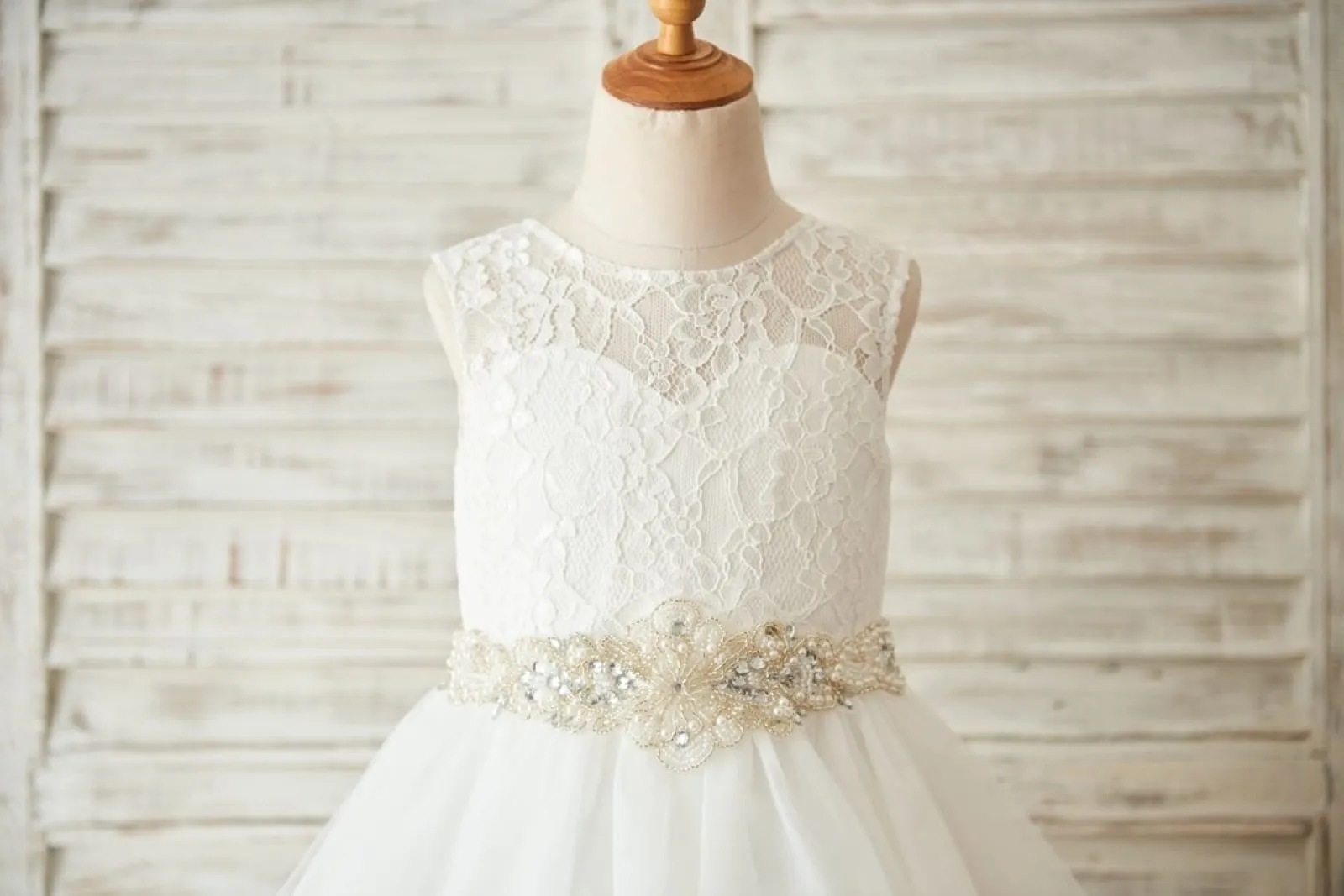 Ivory/Pink Lace Tulle Wedding Flower Girl Dress, Beaded Belt