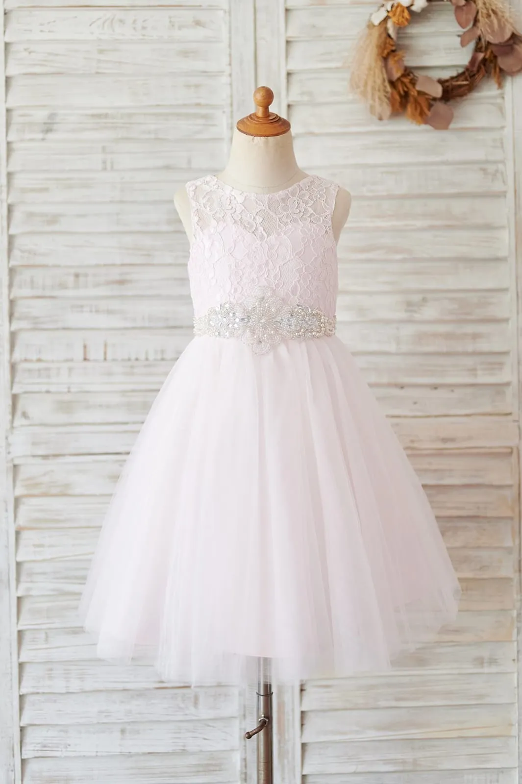 Ivory/Pink Lace Tulle Wedding Flower Girl Dress, Beaded Belt