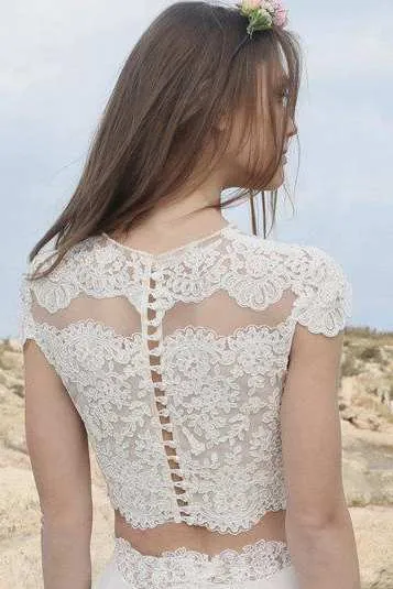 Jewel-Neck Cap-Sleeve Lace Chiffon Two-Piece Wedding Dress-715057