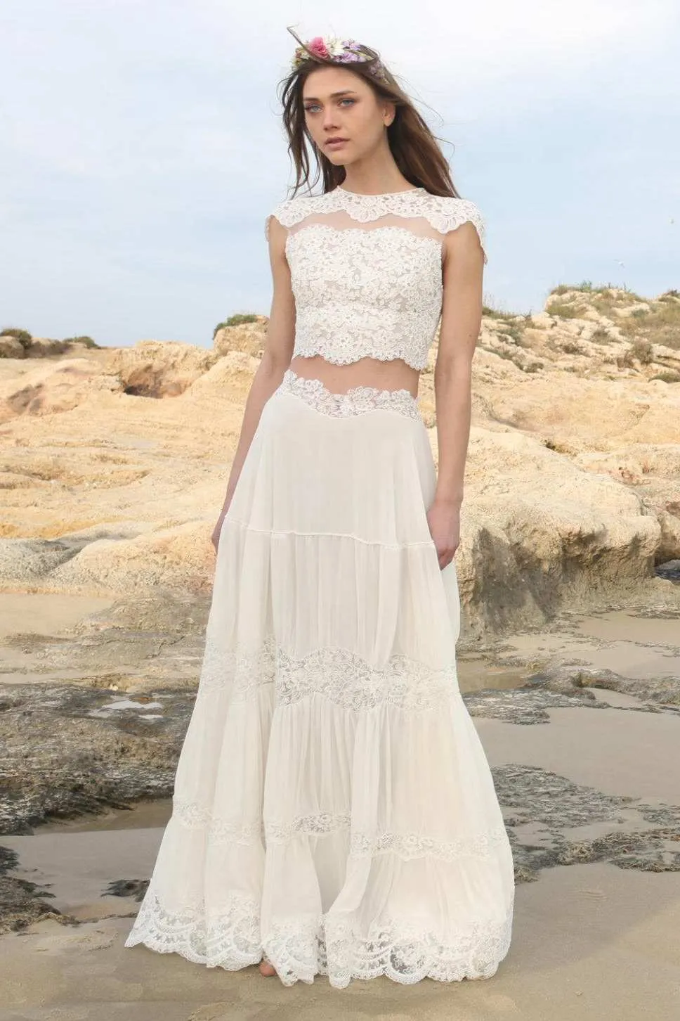 Jewel-Neck Cap-Sleeve Lace Chiffon Two-Piece Wedding Dress-715057
