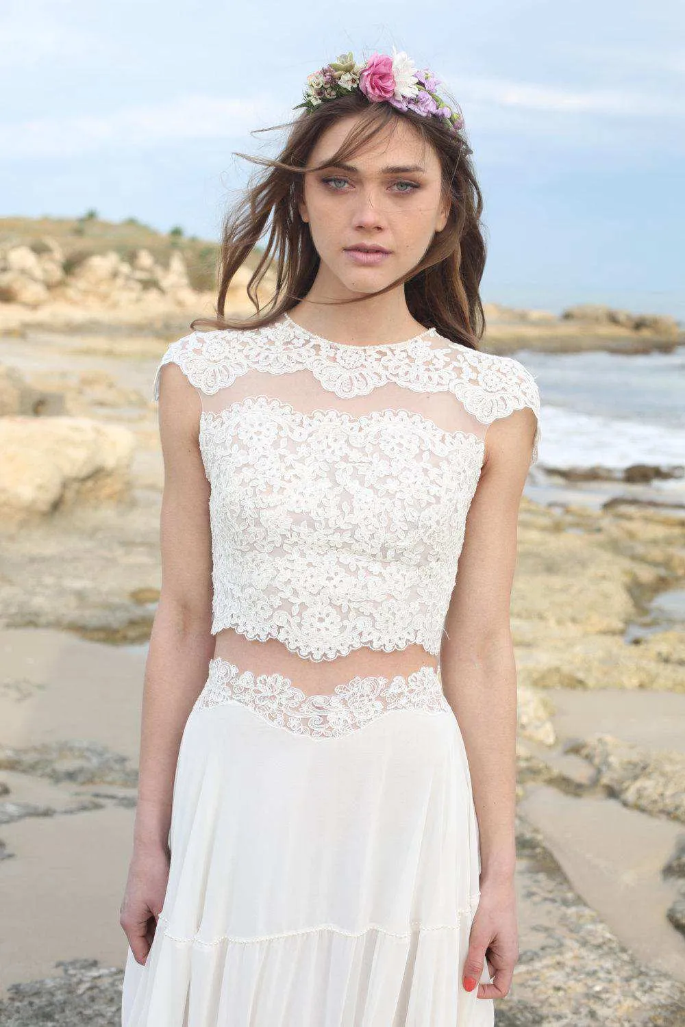 Jewel-Neck Cap-Sleeve Lace Chiffon Two-Piece Wedding Dress-715057