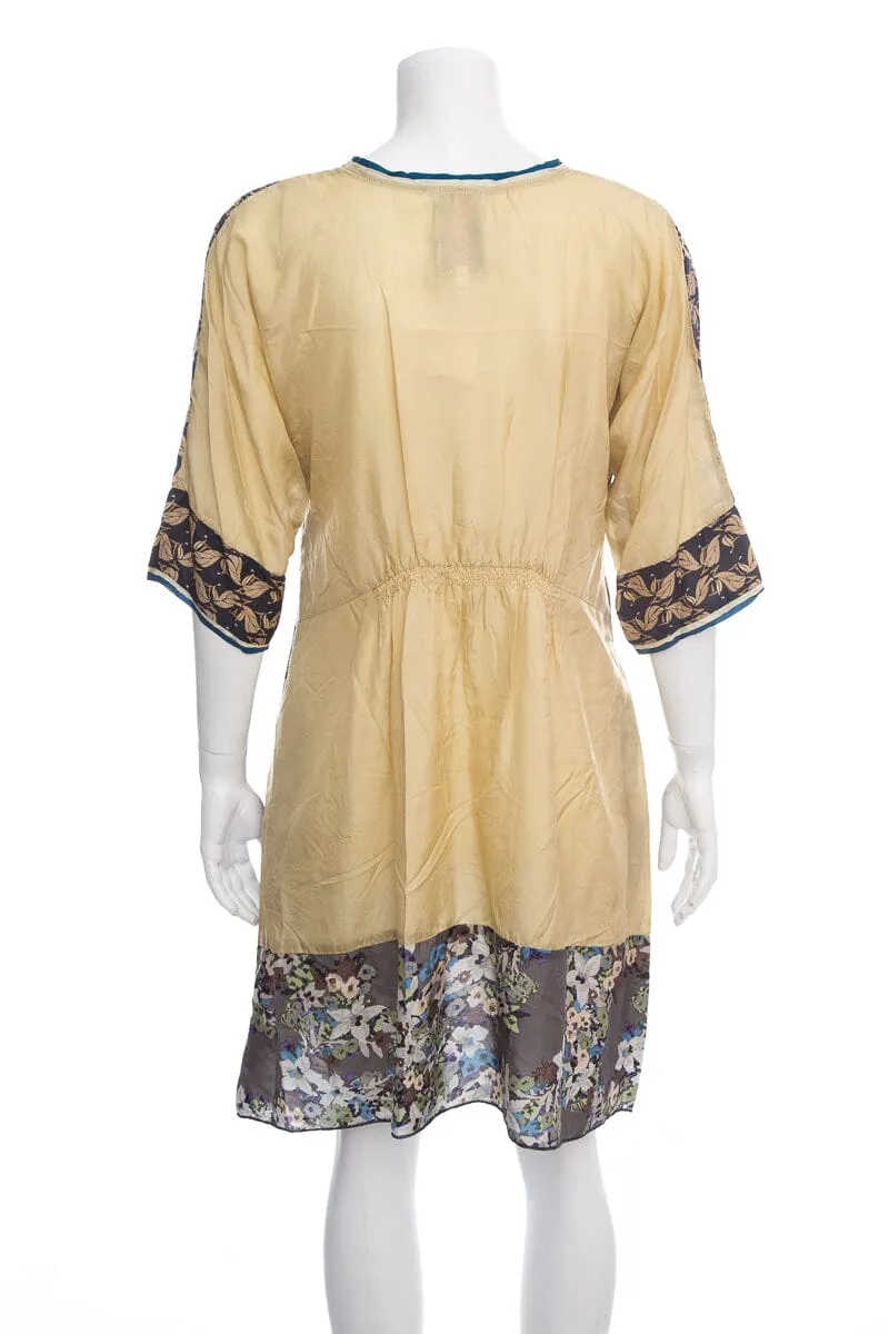 Johnny Was Gold & Black Printed Silk Short Sleeve Dress SZ XS