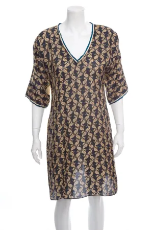 Johnny Was Gold & Black Printed Silk Short Sleeve Dress SZ XS