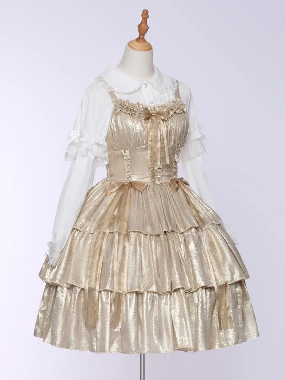 JSK Gold Elegant Lolita Dress Layered Ruffle Hemline Polyester Sleeveless Sweet Lolita Dress