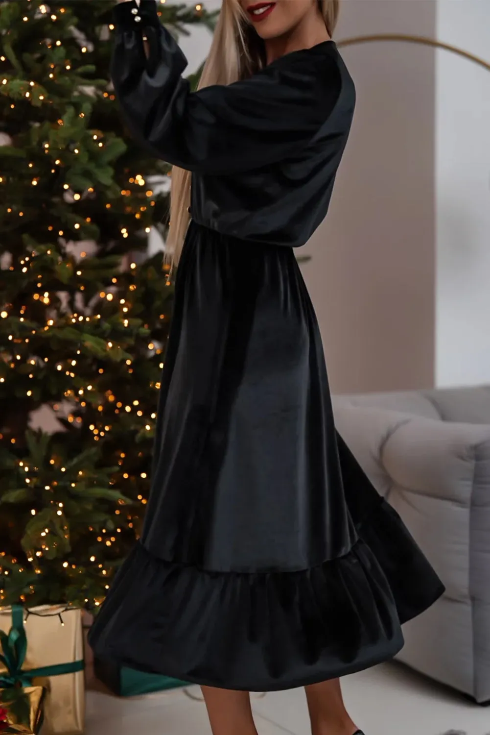 KaleaBoutique Velvet Buttoned Puff Sleeve V Neck Split Midi Dress