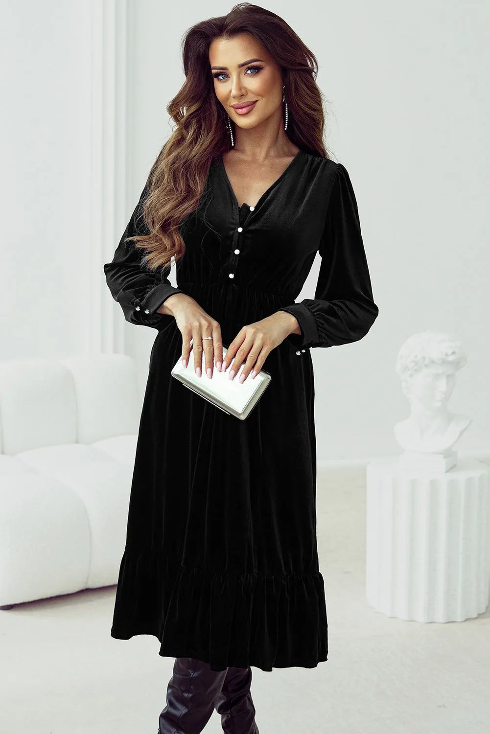 KaleaBoutique Velvet Buttoned Puff Sleeve V Neck Split Midi Dress