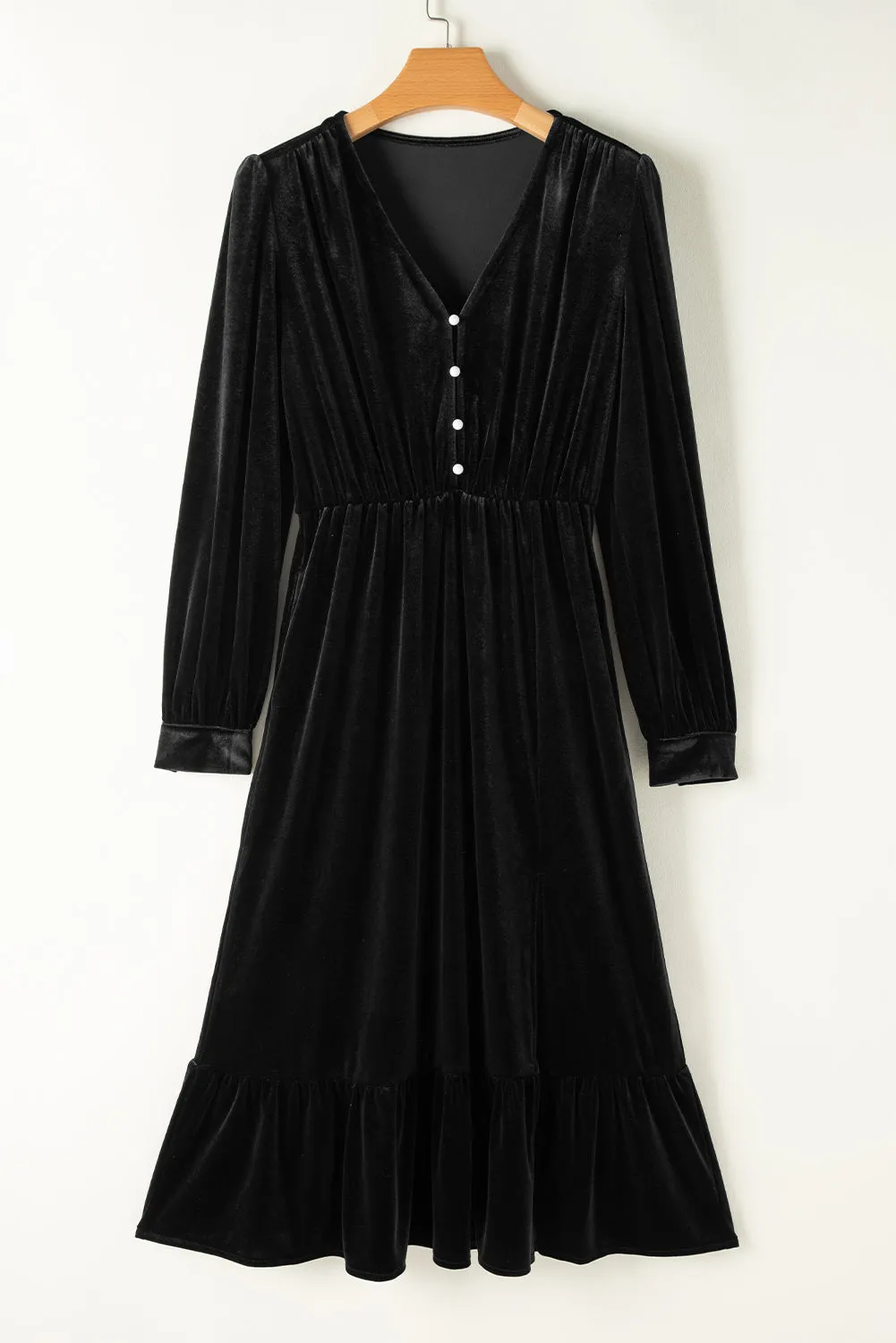 KaleaBoutique Velvet Buttoned Puff Sleeve V Neck Split Midi Dress