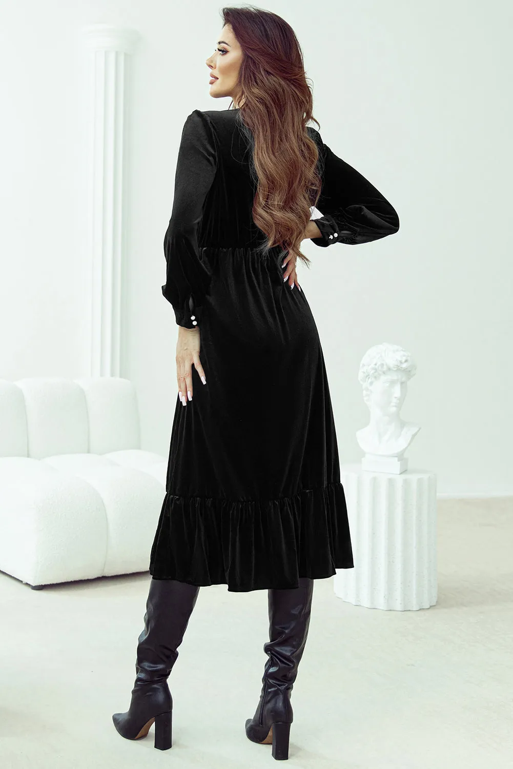 KaleaBoutique Velvet Buttoned Puff Sleeve V Neck Split Midi Dress