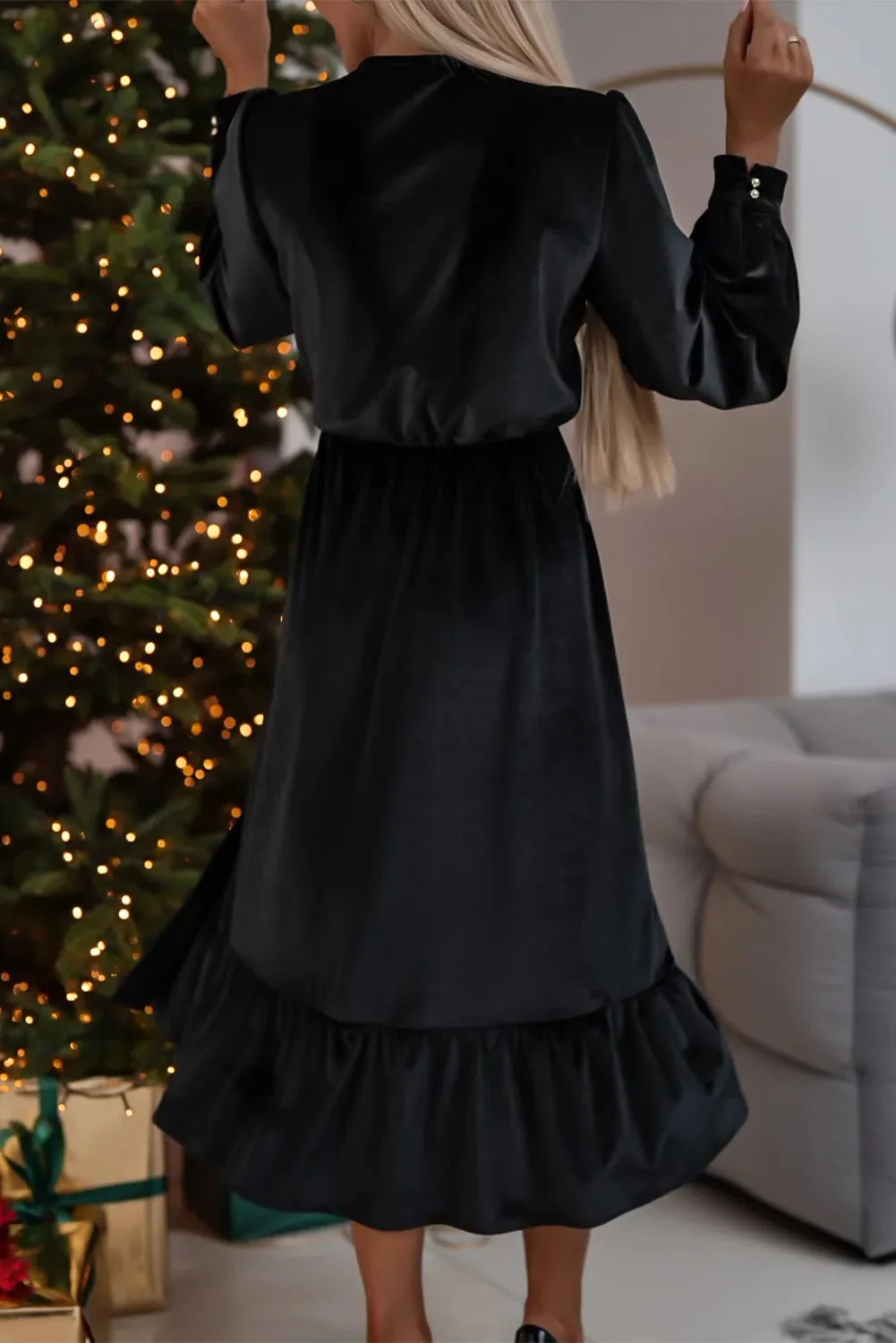 KaleaBoutique Velvet Buttoned Puff Sleeve V Neck Split Midi Dress