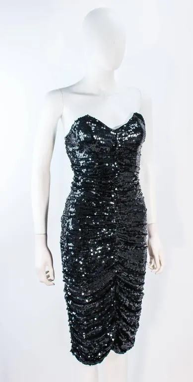 KOZO Vintage Black Silk Sequin Ruched Cocktail Dress Size XS