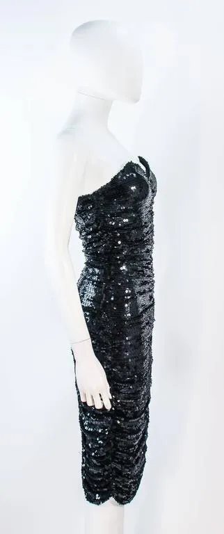 KOZO Vintage Black Silk Sequin Ruched Cocktail Dress Size XS