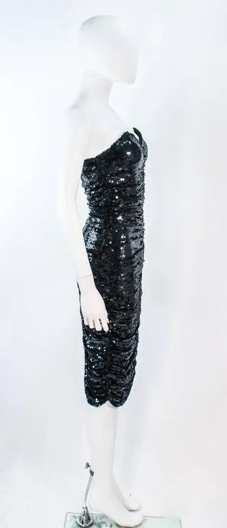 KOZO Vintage Black Silk Sequin Ruched Cocktail Dress Size XS