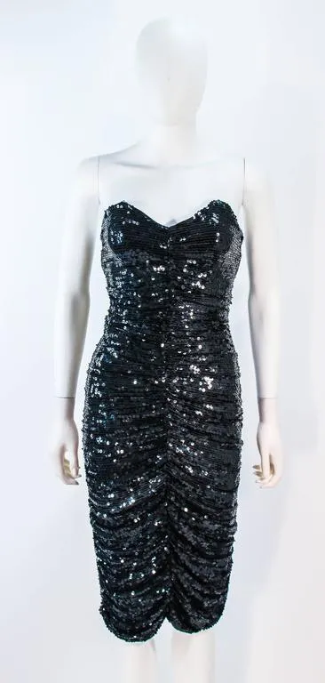 KOZO Vintage Black Silk Sequin Ruched Cocktail Dress Size XS
