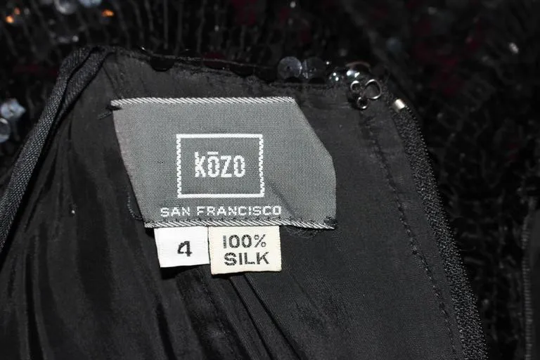 KOZO Vintage Black Silk Sequin Ruched Cocktail Dress Size XS