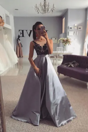 Lace Appliques Satin Prom Gowns Dress with Sheer Neck