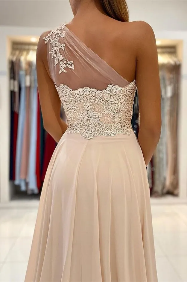 Lace Appliques Sleeveless One-Shoulder Prom Dress