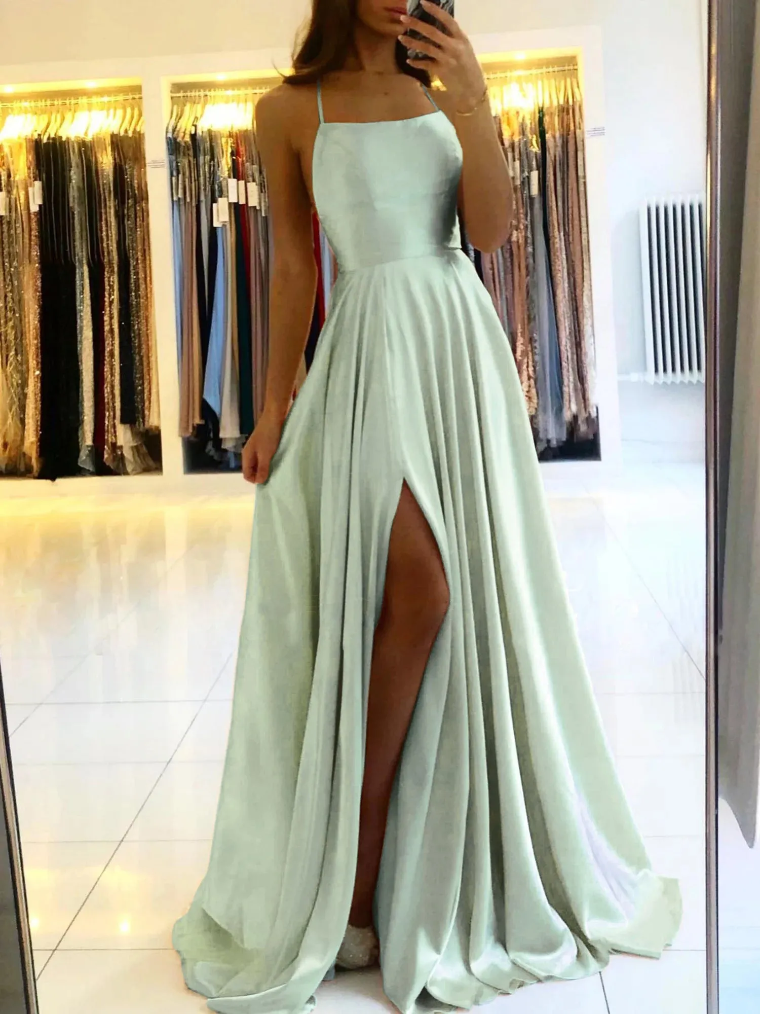 Ladies Satin Side Split Maxi Prom Evening Dress