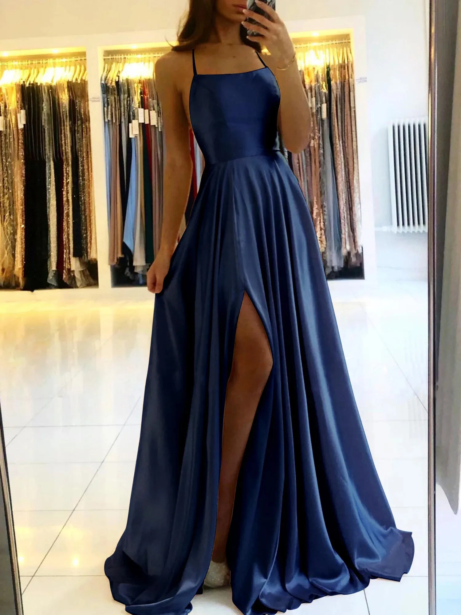 Ladies Satin Side Split Maxi Prom Evening Dress