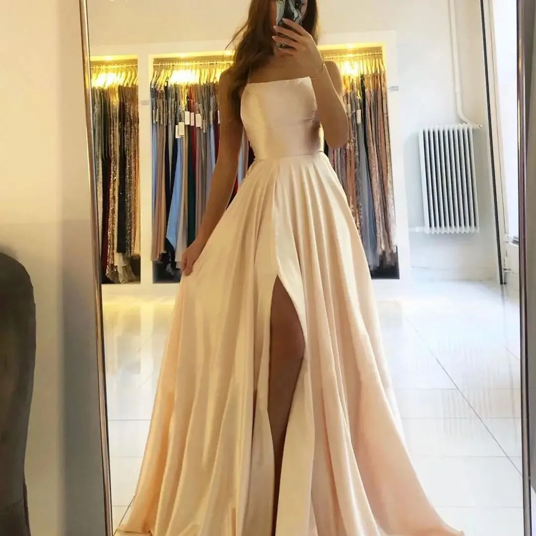 Ladies Satin Side Split Maxi Prom Evening Dress
