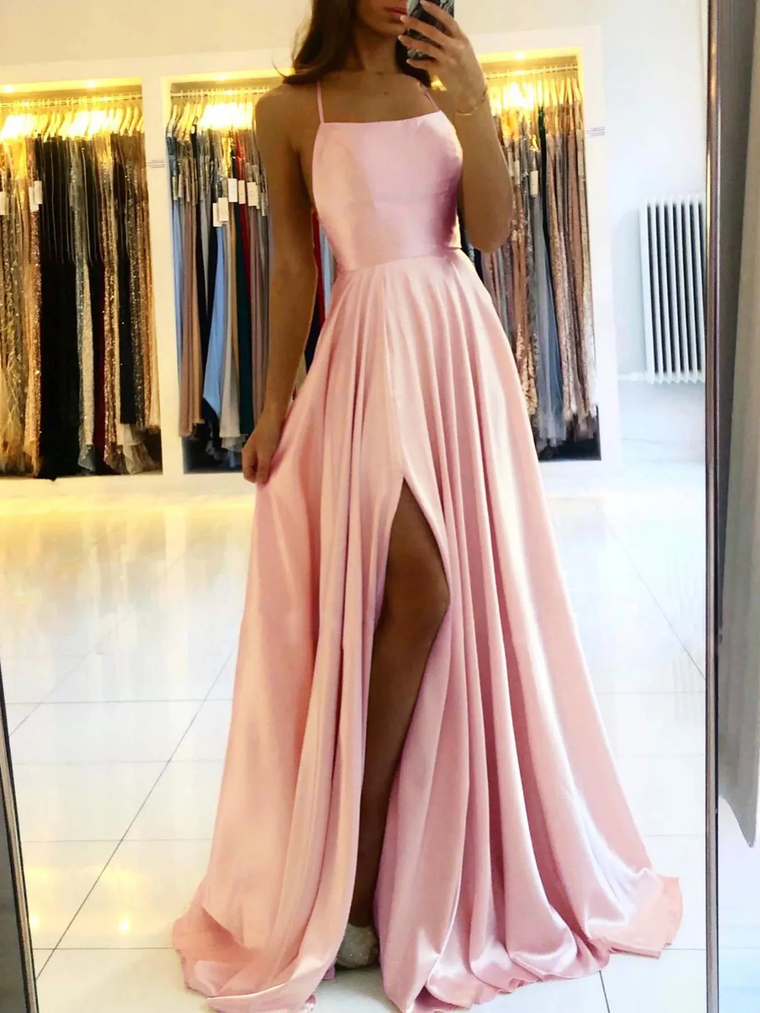 Ladies Satin Side Split Maxi Prom Evening Dress