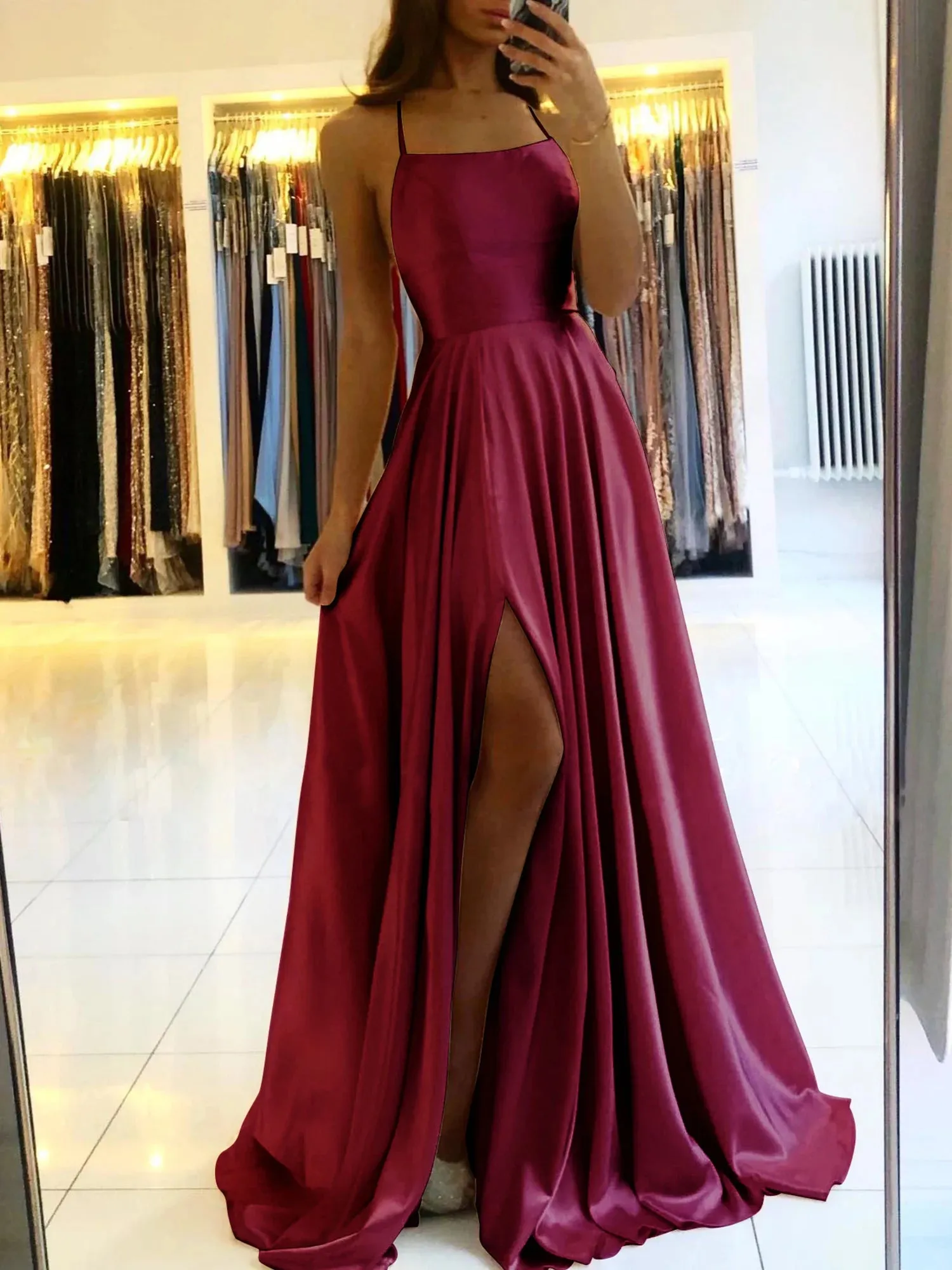 Ladies Satin Side Split Maxi Prom Evening Dress