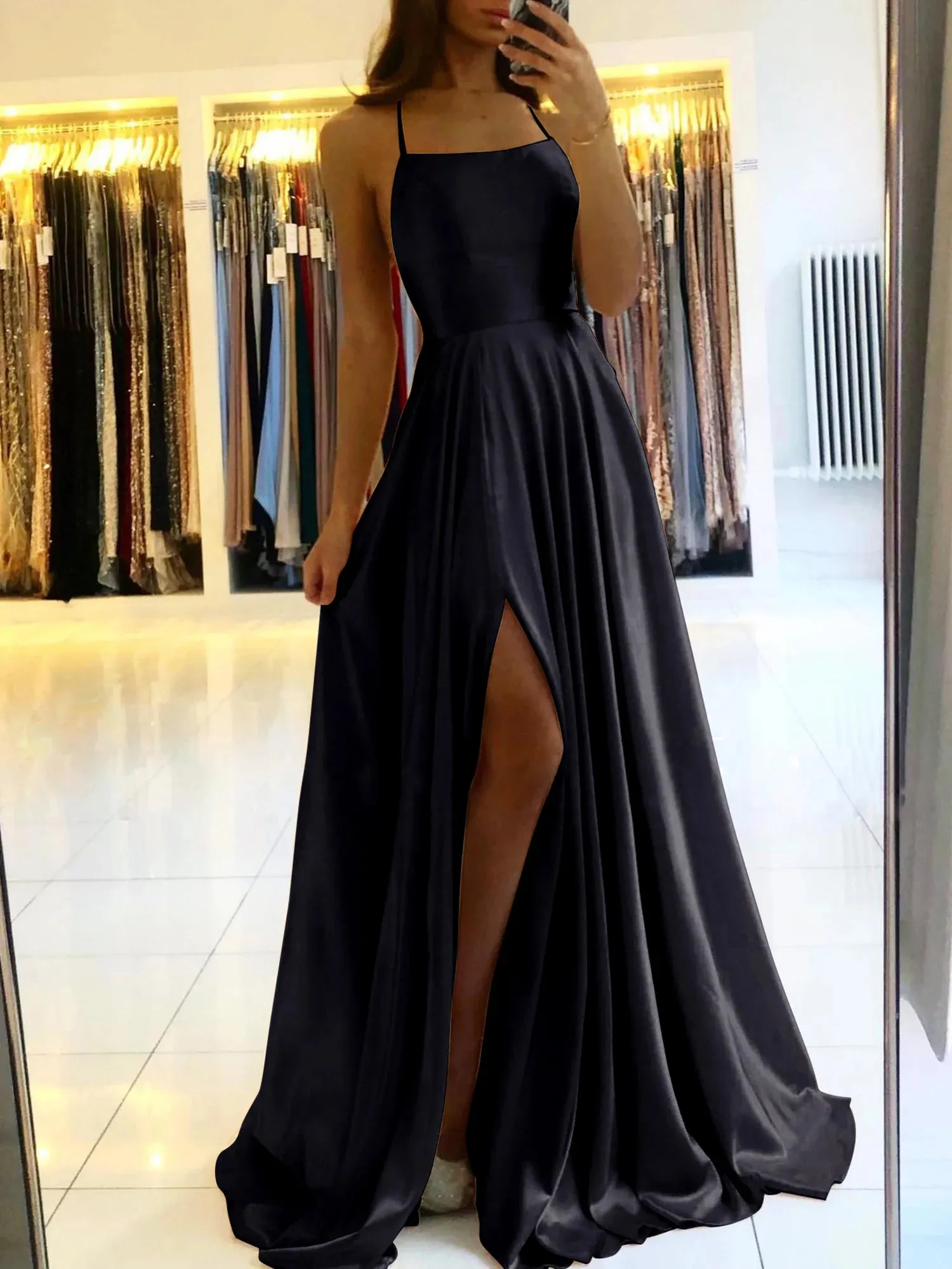 Ladies Satin Side Split Maxi Prom Evening Dress