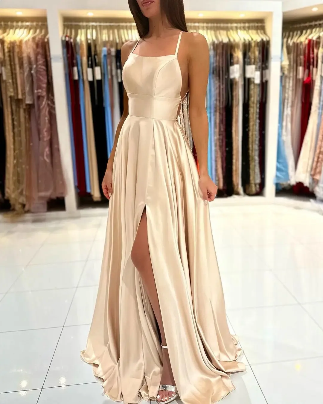 Ladies Satin Side Split Maxi Prom Evening Dress
