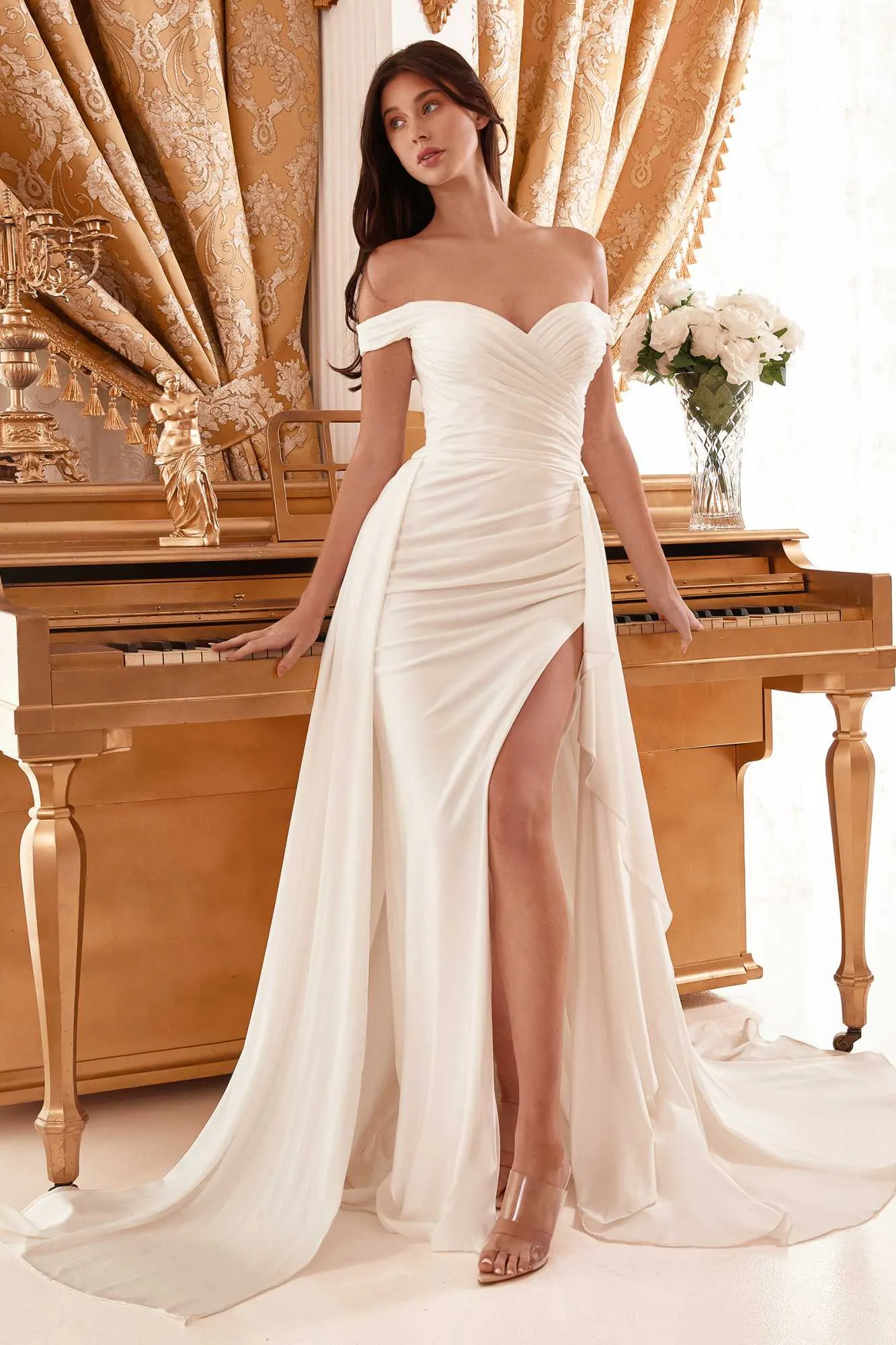 Ladivine WN315 Long Draped Off The Shoulder Bridal Gown With Overskirt