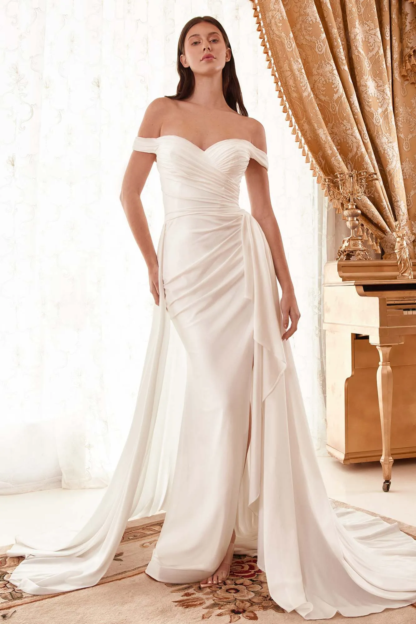 Ladivine WN315 Long Draped Off The Shoulder Bridal Gown With Overskirt