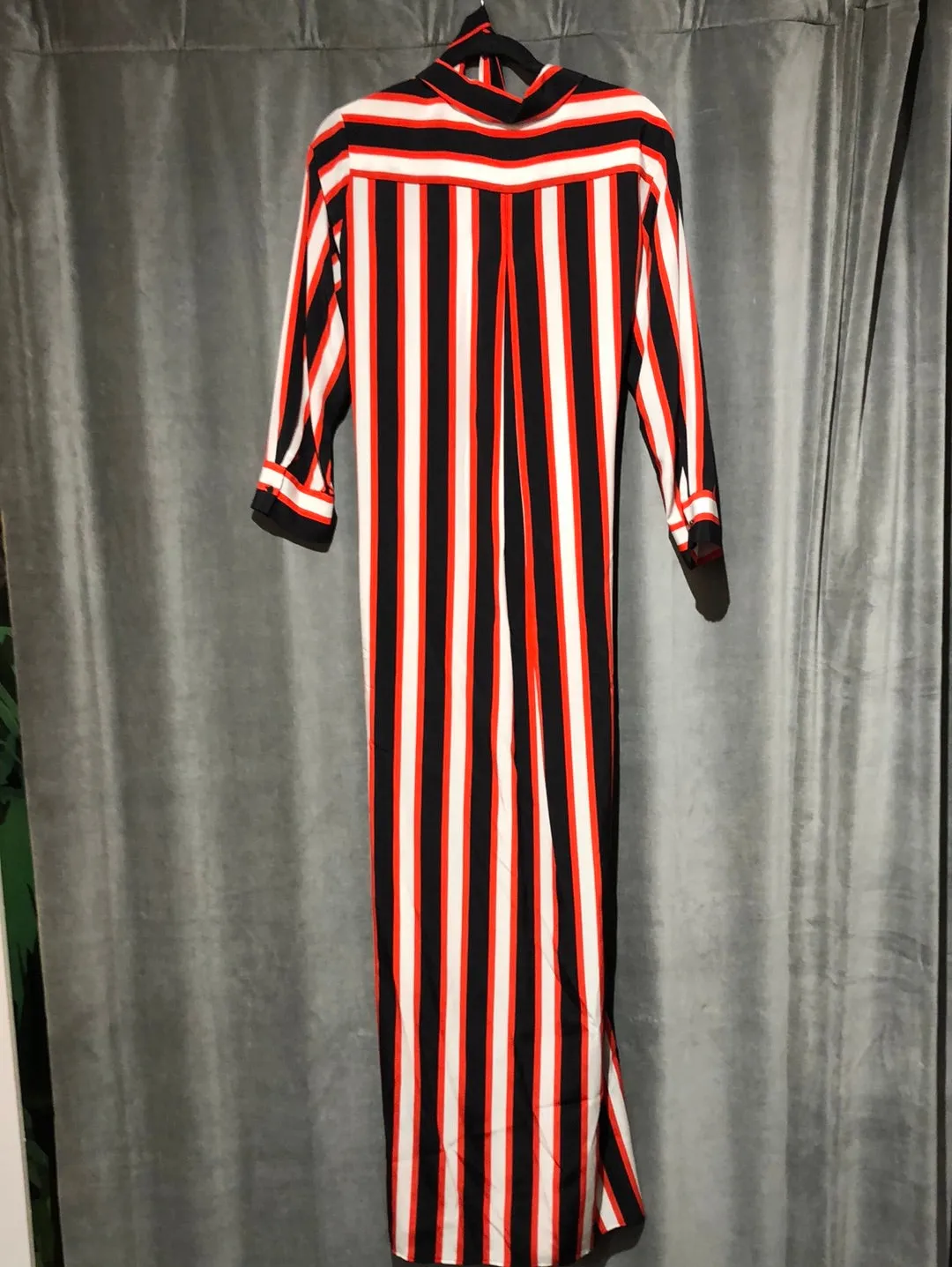 L'Agence Black Red & White Collared Striped Long Sleeve Silk Maxi Dress