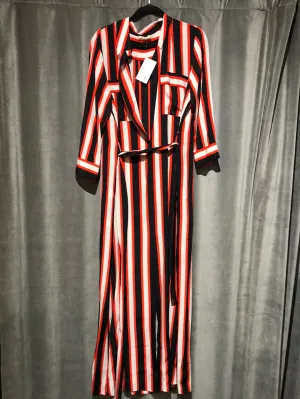 L'Agence Black Red & White Collared Striped Long Sleeve Silk Maxi Dress