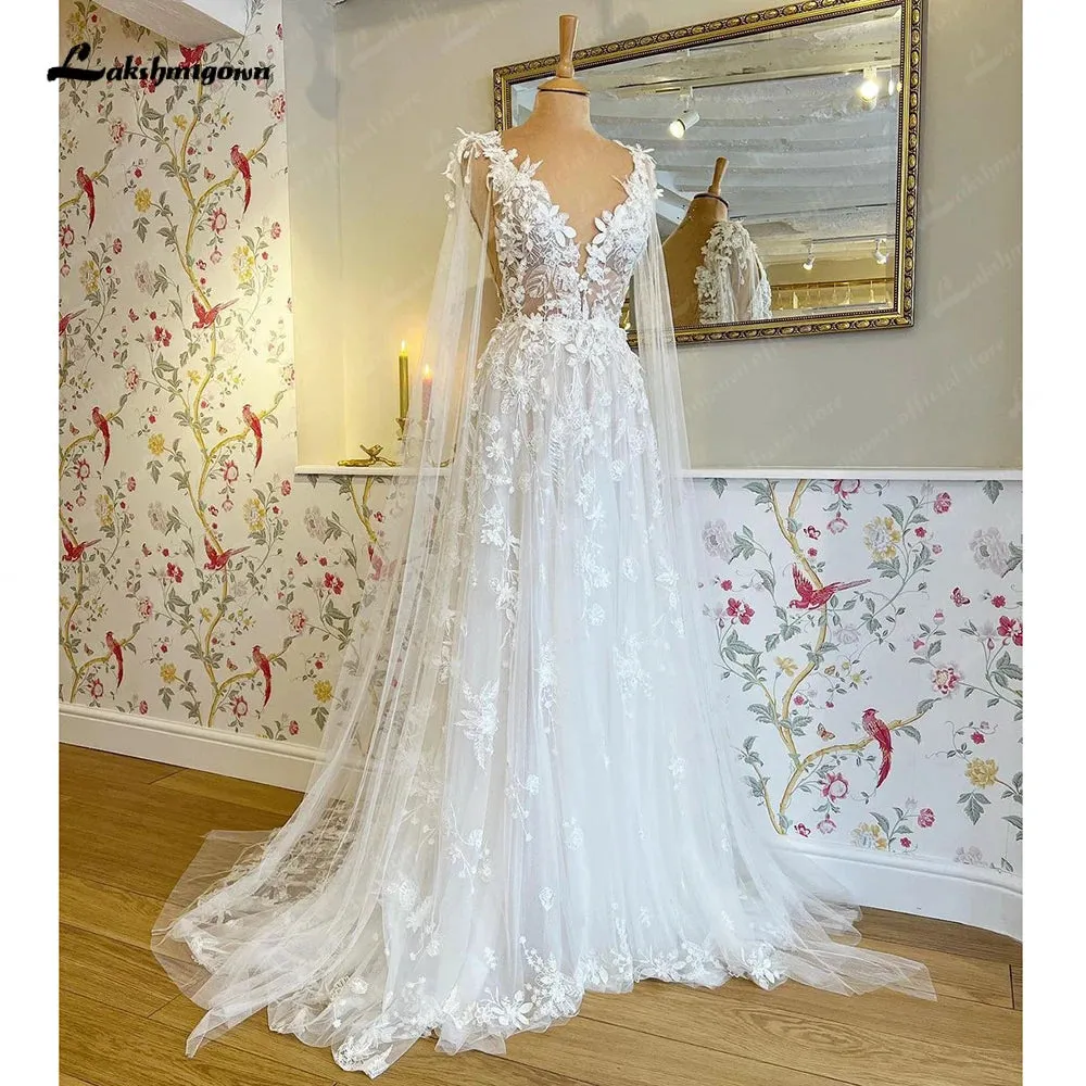 Lakshmigown Lace Appliques Wedding Dress 2024 with Wraps Vestidos Garden A Line Backless Bridal Gowns vestido largo invitada bod