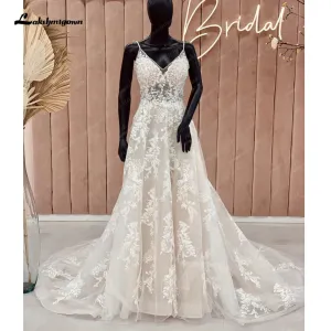 Lakshmigown Lace Floral Backless Beach Wedding Gown V Neck Spaghetti Straps Women Bridal Wedding Dress abiti da sposa