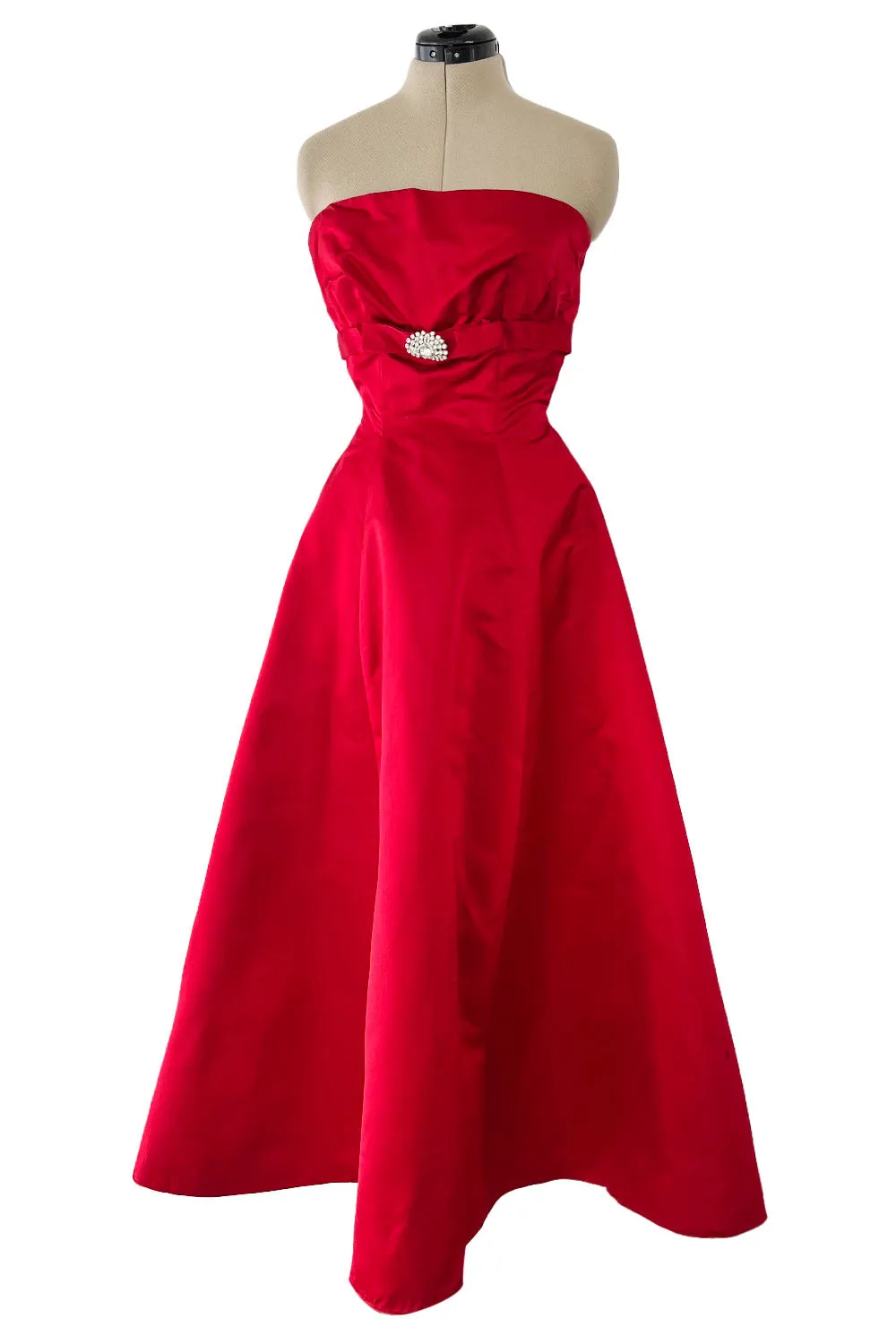 Late 1940s, Early 1950s Strapless Red Silk Satin Full Skirt Dress w Rhinestone Detailing