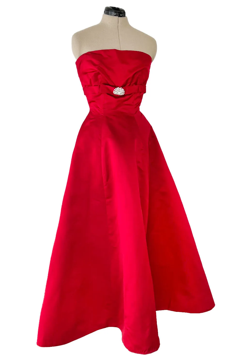Late 1940s, Early 1950s Strapless Red Silk Satin Full Skirt Dress w Rhinestone Detailing