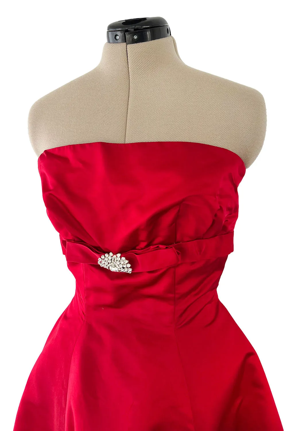 Late 1940s, Early 1950s Strapless Red Silk Satin Full Skirt Dress w Rhinestone Detailing