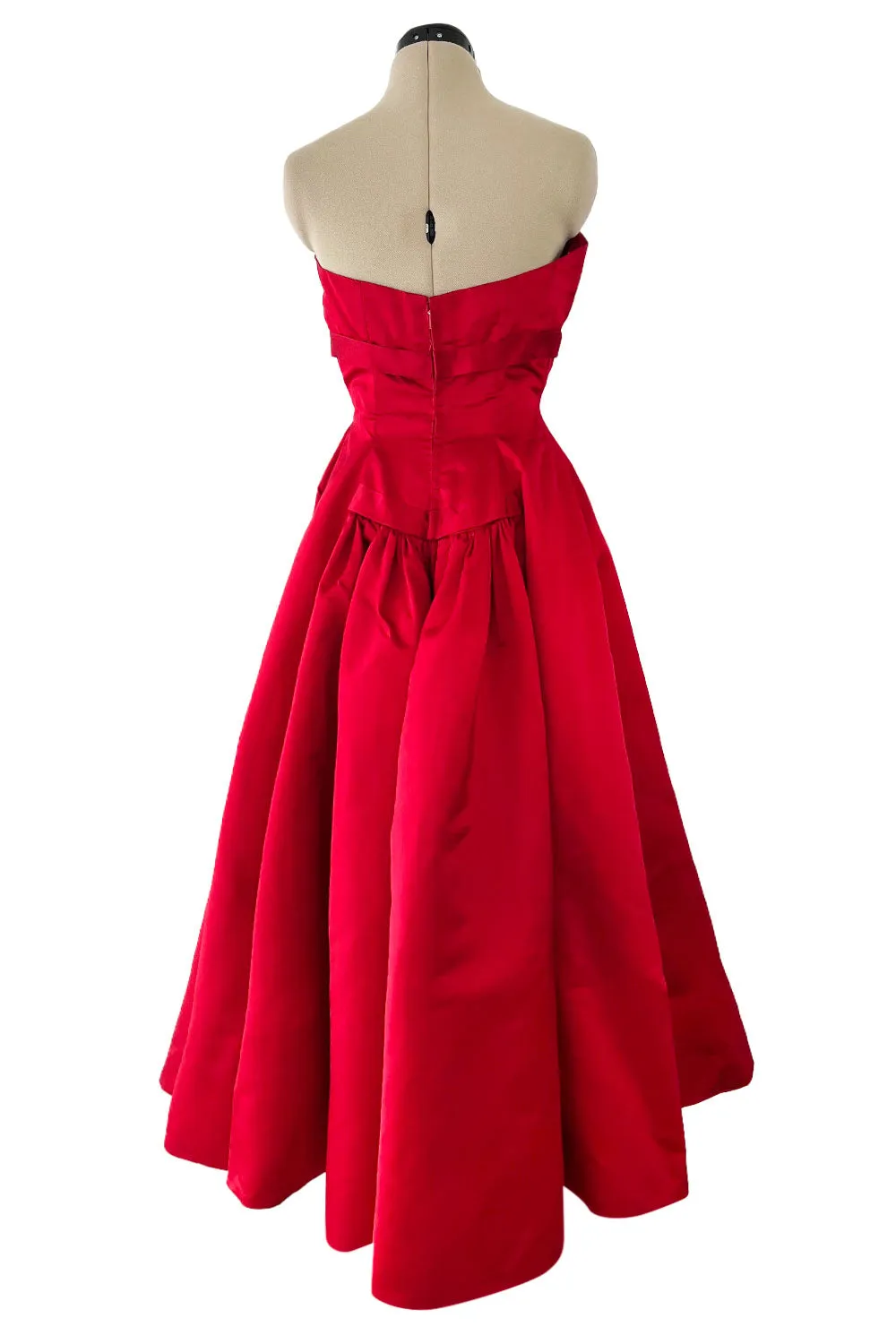 Late 1940s, Early 1950s Strapless Red Silk Satin Full Skirt Dress w Rhinestone Detailing